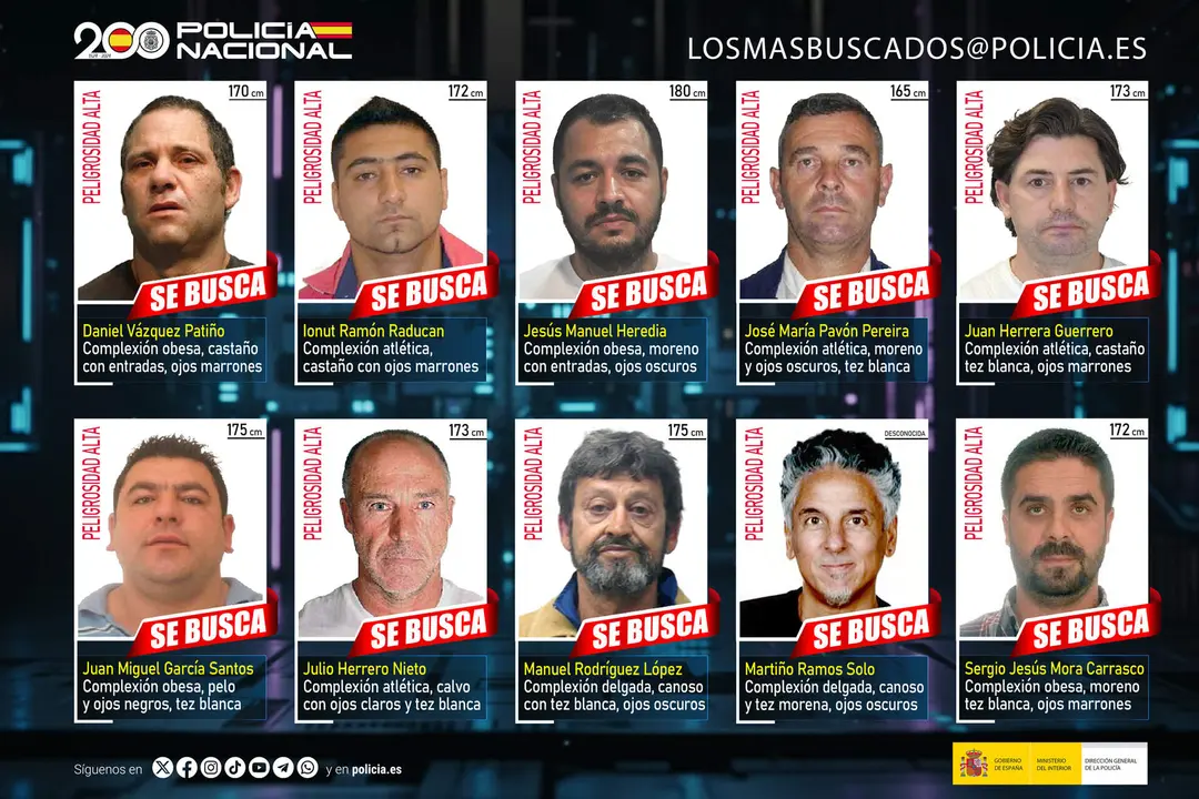 Imagen difundida por la Polic&iacute;a Nacional con las fotos de los 10 fugitivos m&aacute;s buscados