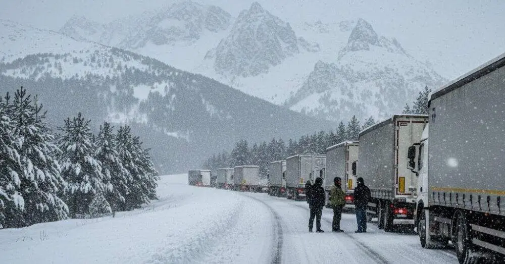 Camiones retenidos por un temporal.