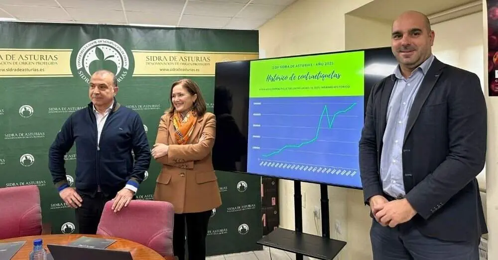 El presidente del CRDOP, Jorge Garc&iacute;a; la directora general de Desarrollo Rural e Industrias Agrarias del Principado, Bego&ntilde;a L&oacute;pez y Daniel Ruiz, gerente del CRDOP.