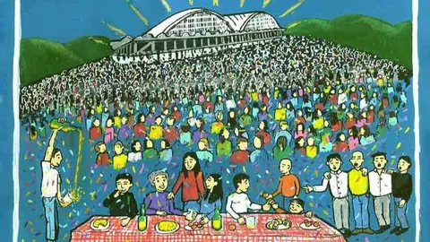 Detalle del cartel de comadres, realizado por el artista ovetense Santi Villa