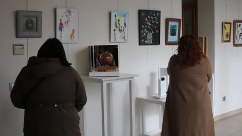 Dos visitantes observan los cuadros de la Exposici&oacute;n de Lugo de Llanera