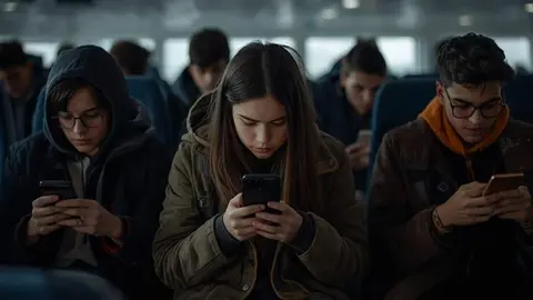 Adolescentes con sus m&oacute;viles. Imagen generada por IA.