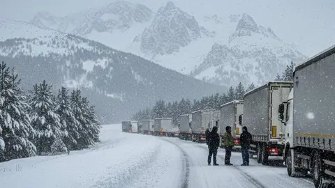 Camiones retenidos por un temporal.