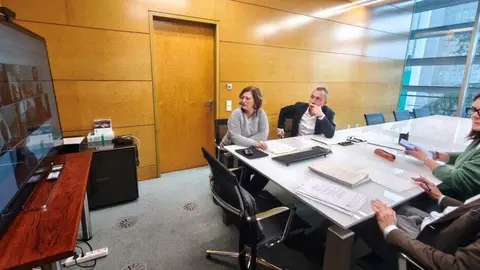 La directora general de Urbanismo, Laura L&oacute;pez, y el consejero Ovidio Zapico, en la reuni&oacute;n telem&aacute;tica celebrada esta ma&ntilde;ana.