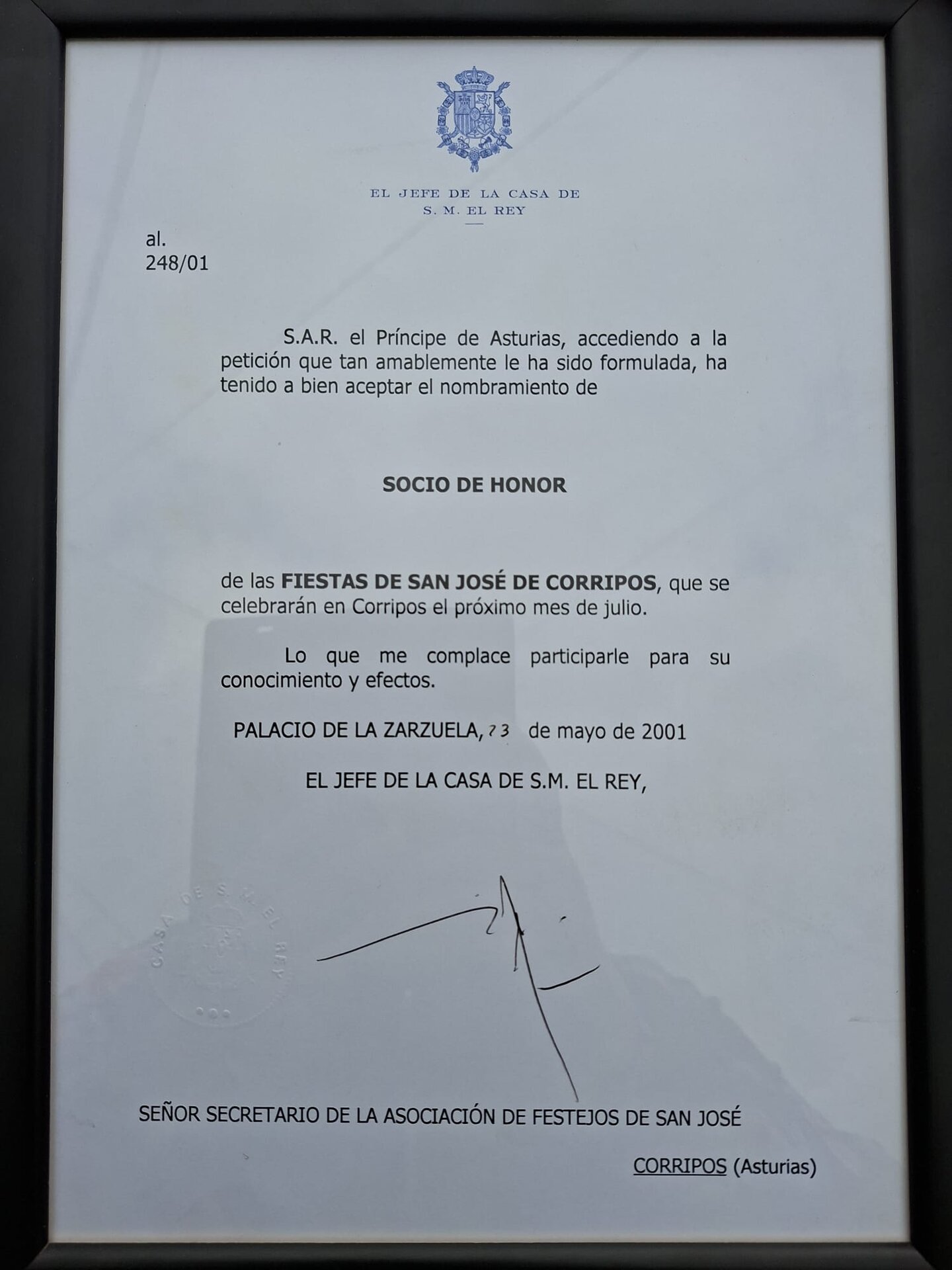 El documento por el que el entonces Príncipe Felipe aceptaba ser socio de las fiestas de Corripos