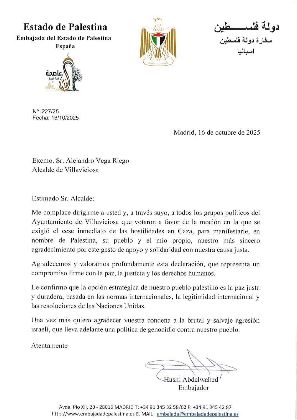 Carta de agradecimiento de embajador palestino al ayuntamiento por su apoyo.