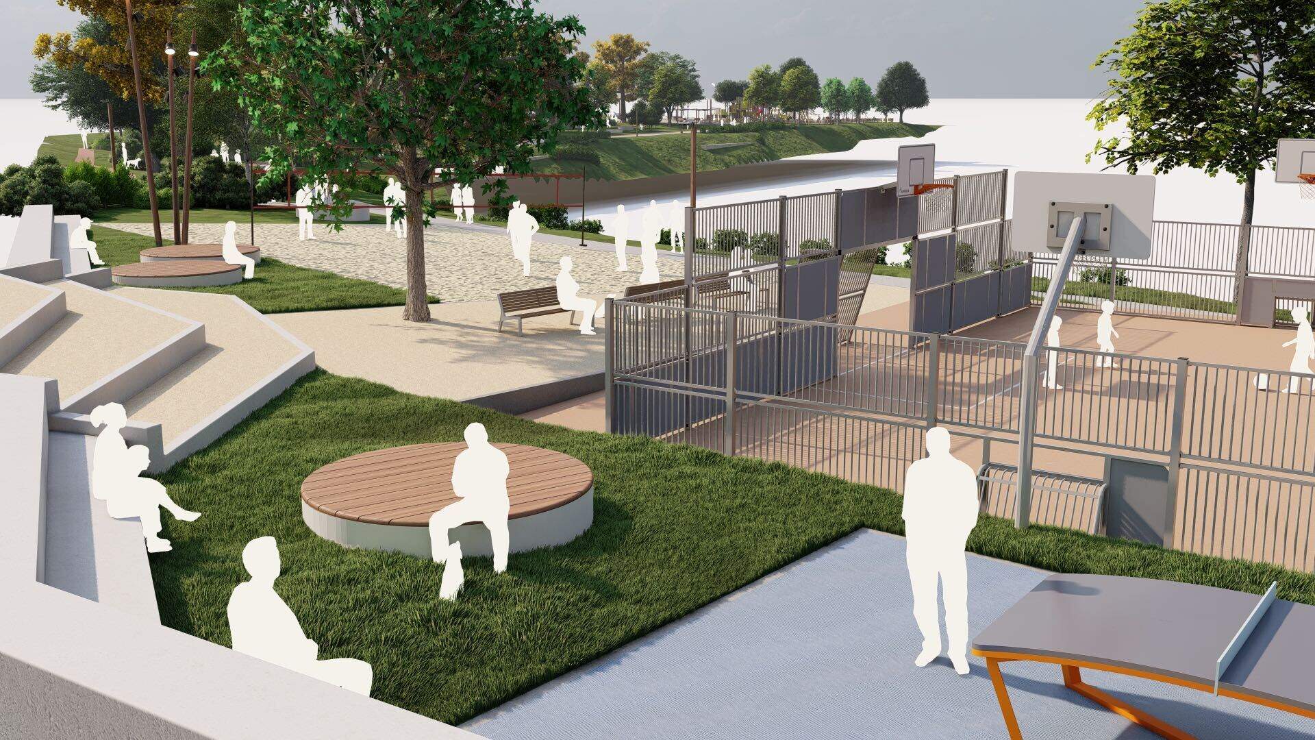 Un detalle de los equipamientos, con la cancha polideportiva y la de voley playa